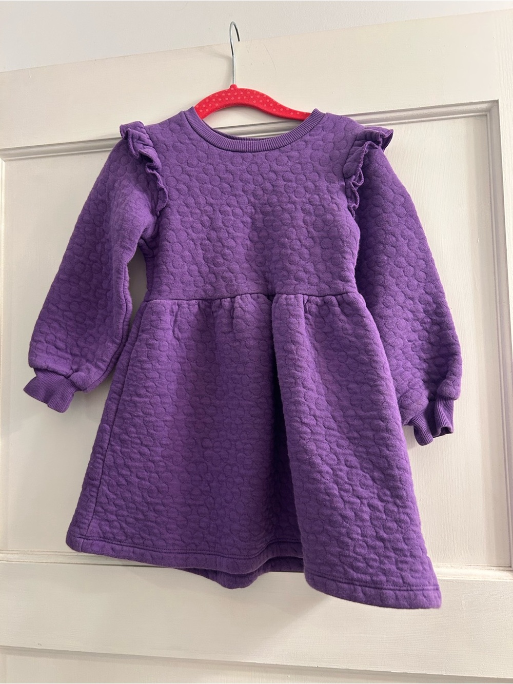 Mini Boden Quilted Purple Long-Sleeve Ruffle-Shoulder Dress Size 3/4